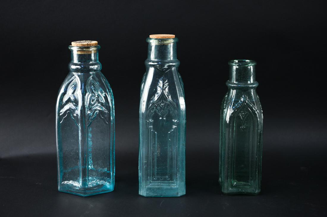ANTIQUE GOTHIC FORM CATHEDRAL GLASS BOTTLES (1 of 14)