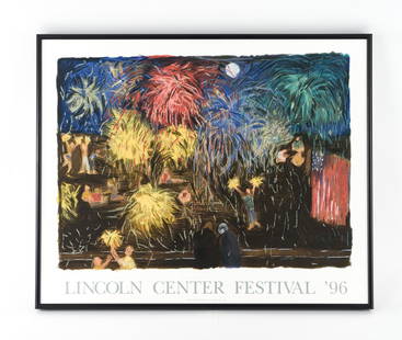 JENNIFER BARTLETT LINCOLN CENTER SERIGRAPH: Titled "Earth Fireworks". Serigraph poster for Lincoln Center festival in 1996. Dimensions: (Frame) H 28"x W 34.5" Condition: No issues to note.