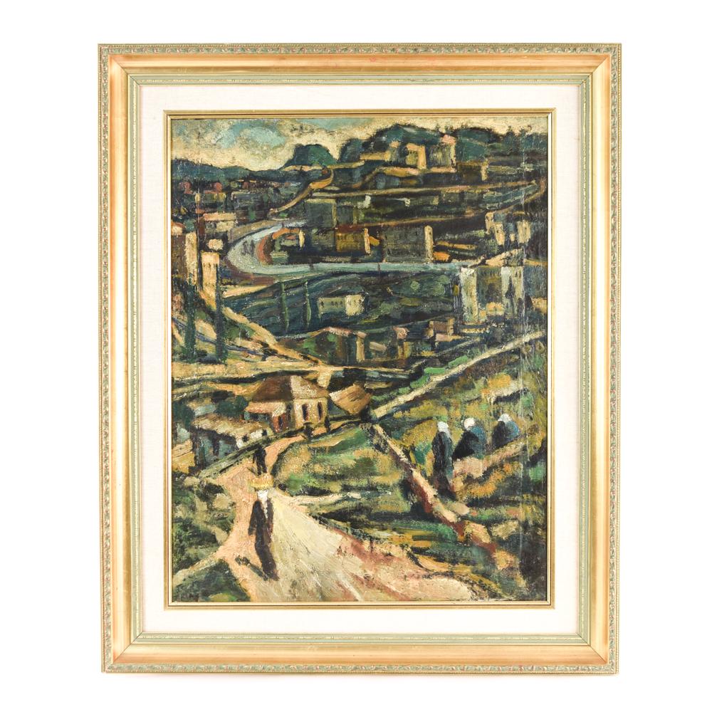 KAETE EPHRAIM MARCUS (ISRAELI, 1892-1970): Oil on canvas of a hillside town with figures, signed with intials, lower left. Born in Breslau in 1892, Kaete Ephraim Marcus first studied at Hans Thoma’s academy in Karlsruhe and later with Lovis