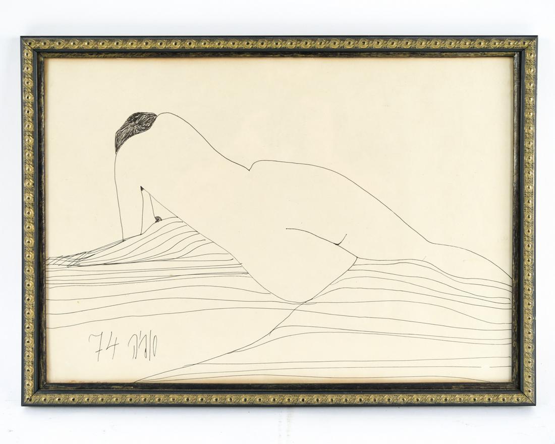 SOFIA KISSELOV (ISRAELI/POLISH 1923-2018): Marker drawing of reclining nude, signed and dated '74 lower left. Purchased from the artists studio. Sofia Kisselov was born in Cracow, Poland to a cosmopolitan Jewish family. Together with her broth