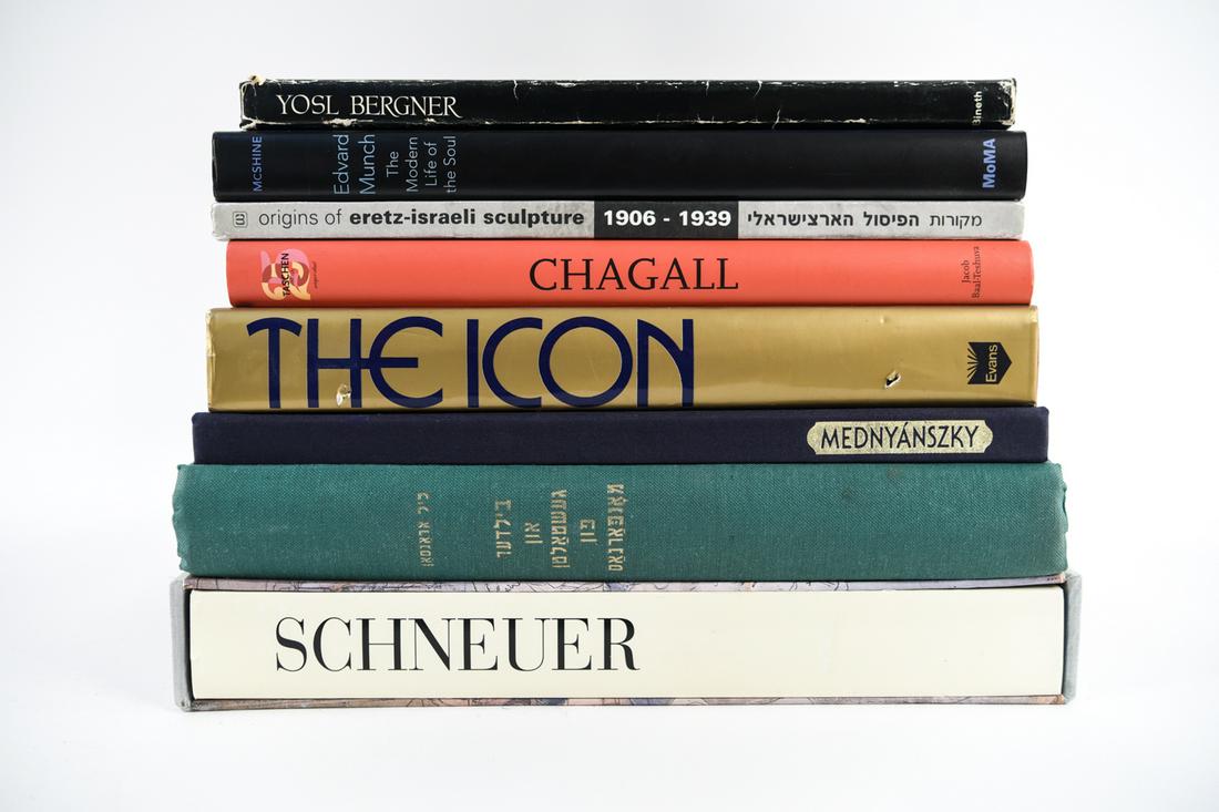 GROUPING OF ART BOOKS: Including: Chagall, Yosl Bergner, Schneuer, The Icon, and more. Mostly Israeli. Dimensions: (Largest) H 13.75" x W 12.25" x D 2" Condition: Showing signs of age and use. Normal wear and tear.