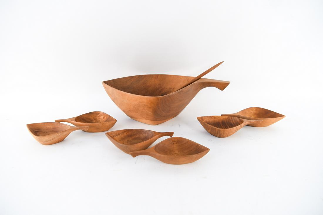 MANNER OF EMIL MILAN SCULPTURAL SALAD BOWL SET: (8) pieces. Dimensions: (Largest) H 6" x W 20.5" x D 11.75" Condition: Light signs of age and use.