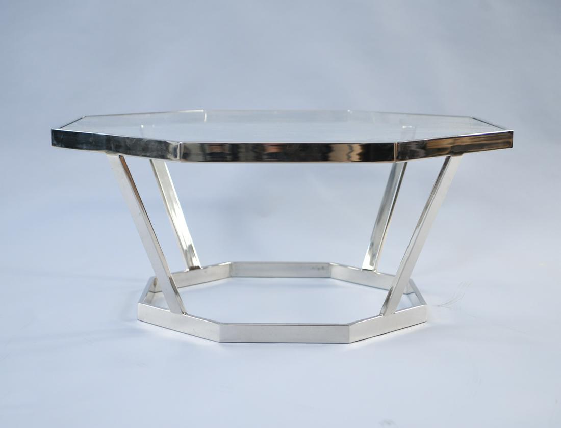 MILO STYLE OCTAGONAL CHROME & GLASS COFFEE TABLE (1 of 8)