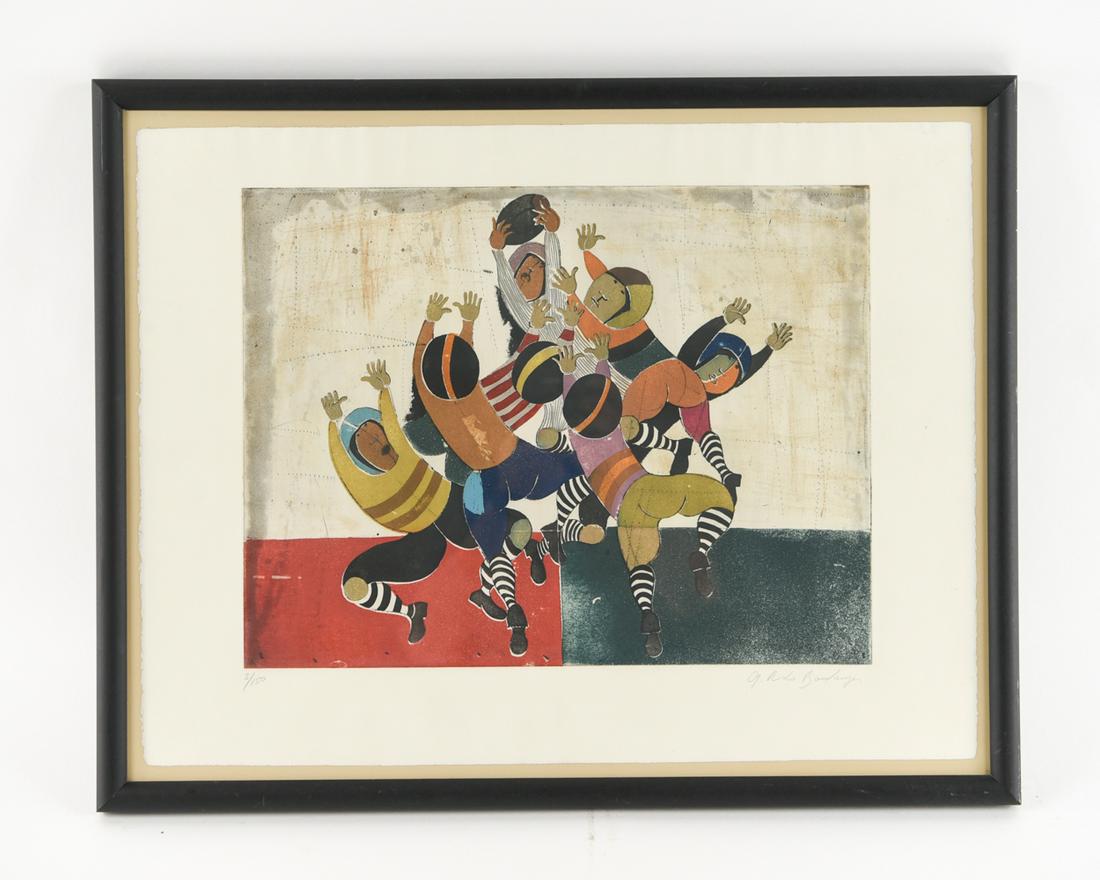RODO BOULANGER FOOTBALL AQUATINT: pencil signed lower right, numbered 3/150. Dimensions: H 23" x W 29.5" Condition: wrinkling to paper under glass.