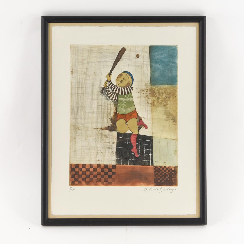 RODO BOULANGER BASEBALL AQUATINT: Pencil signed lower right, numbered 8/150. Dimensions: (frame) H 28.25" x W 22.25" Condition: Minor wrinkle and crease on paper under glass.