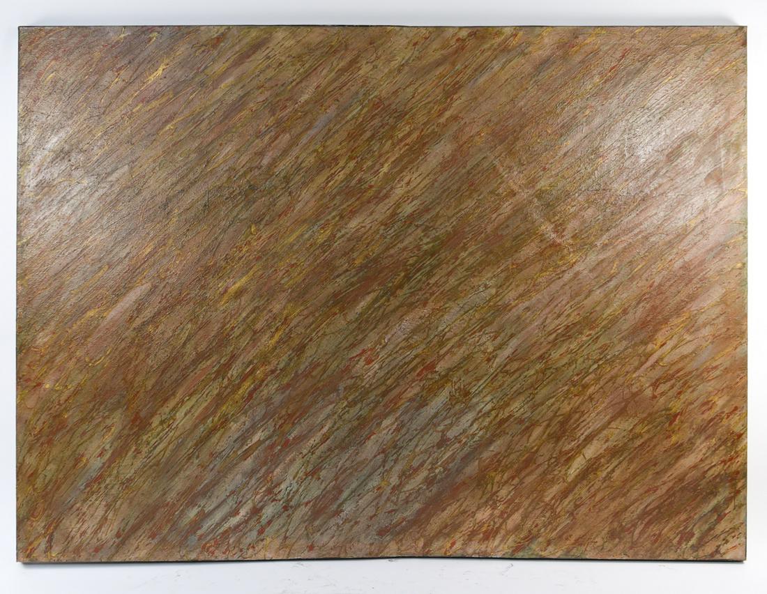 STEVE JENSEN (AMERICAN, B 1955): Oil on canvas, signed "Jensen" dated 1982, from the Oxidation Series. Dimensions: H 66.25" x W 90" Condition: Repair to stretcher.