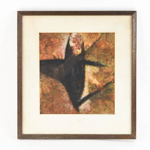 MARY SLOANE MID-CENTURY ABSTRACT PAINTING: Signed Sloane and dated '61. Gouache on paper. Dimensions: (Frame) H 21.25" x W 19.75", (Sight) H 13.5" x W 12.5" Condition: Toning to mat, marks to frame. Moldy.