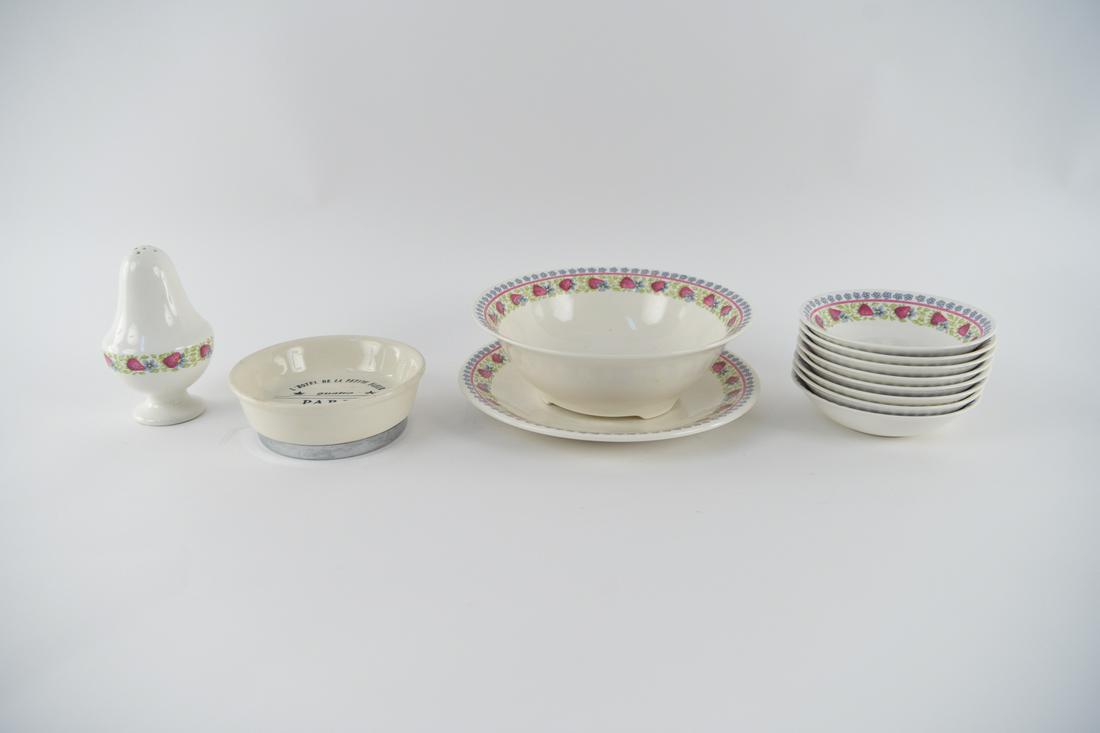 GROUPING OF GIEN FRENCH PORCELAIN ETC.: Marked Gien, France on bottom of bowls. Including a dish from the L'hotel De La Petite Fleur. Dimensions: (Largest) H 3.25" x D 8.5" Condition: Showing light handling wear.
