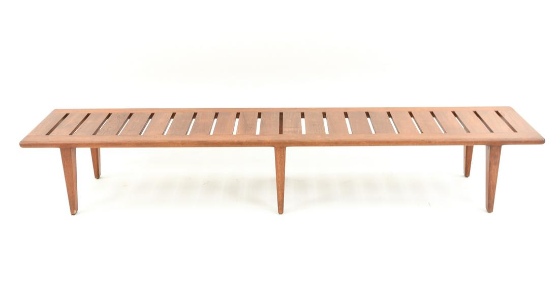 HANS WEGNER /JOHANNES HANSEN BENCH: Marked Johannes Hansen under. Dimensions: H 12" x W 76.5" x D 17" Condition: Small areas with light finish wear. Some light surface scratches. Small white paint marks to one leg.