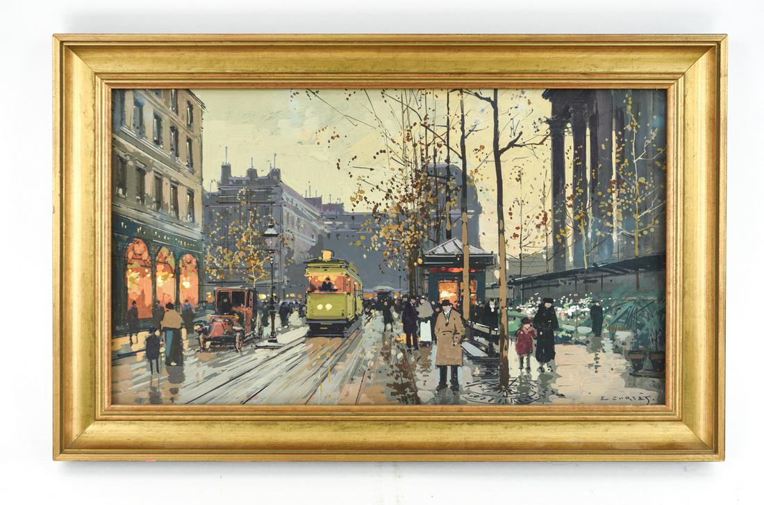 EDOUARD LEON CORTES, FRENCH (1882 - 1969) GOUACHE: "Station d'autobus, Place de la Madeleine." Gouache on paper signed lower right. Dimensions: (Frame) H 13.25" x W 20.75" (Sight) H 10" x W 17.5" Condition: No issues to note. Unexamined out of frame.