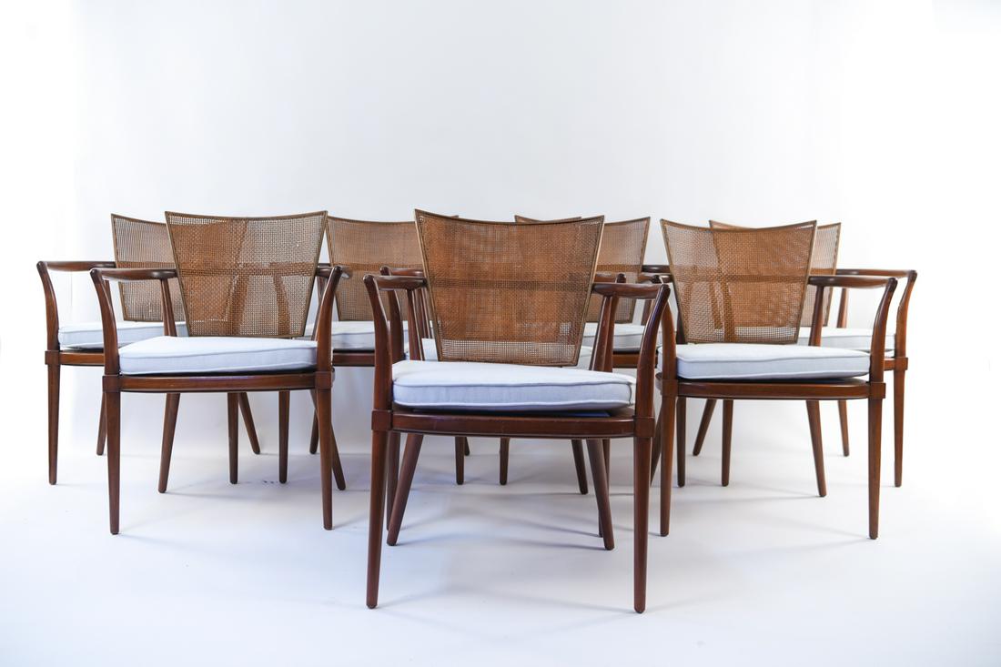 (8) BERT ENGLAND FOR JOHNSON FURNITURE CHAIRS: Dimensions: H 31" x W 24.5" x D 19" x SH 17" Condition: Some soiling to upholstery. Some light wear and few breaks to caning. Some light scuffs and marks.