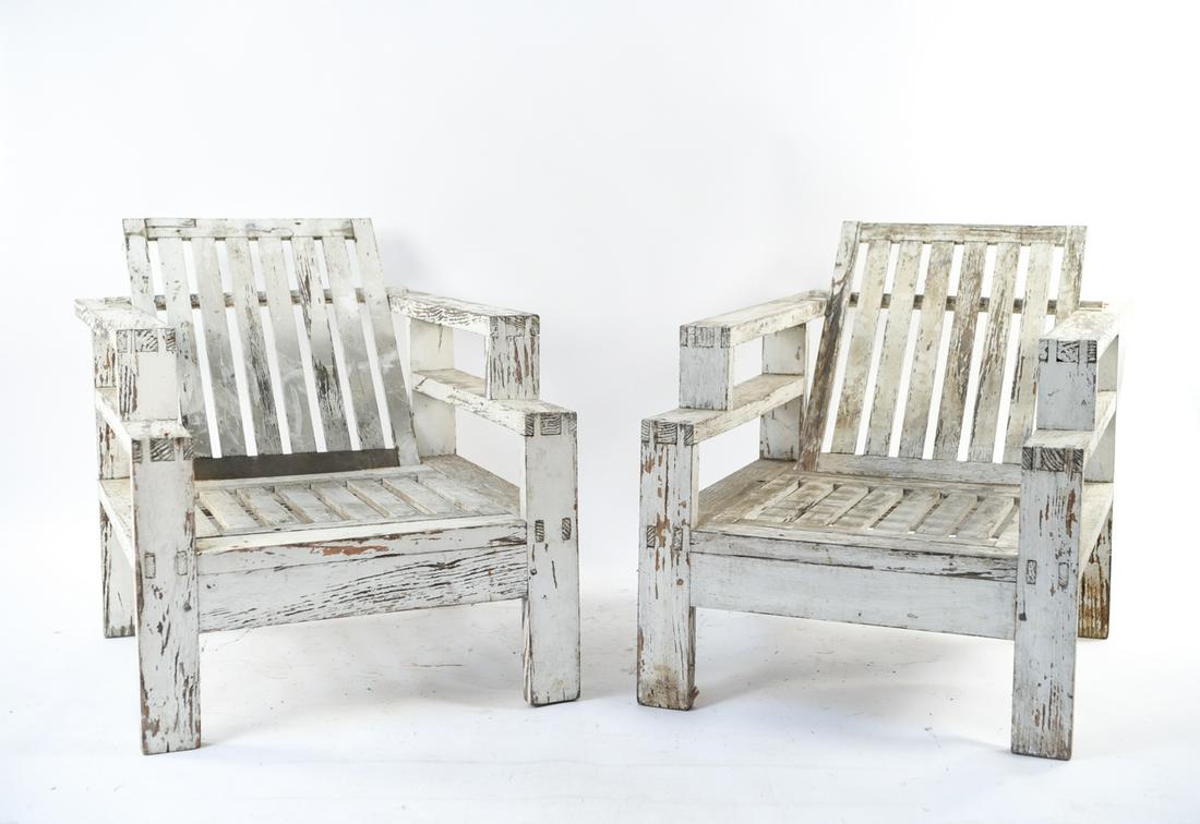 (2) ROBERT MALLET STEVENS ARMCHAIRS: Dimensions: (Smallest) H 25.5" x W 28" x D 47.5" x SH 13.5" Condition: Paint loss. Wear throughout consistent with outdoor exposure. Provenance: Sotheby's Paris.