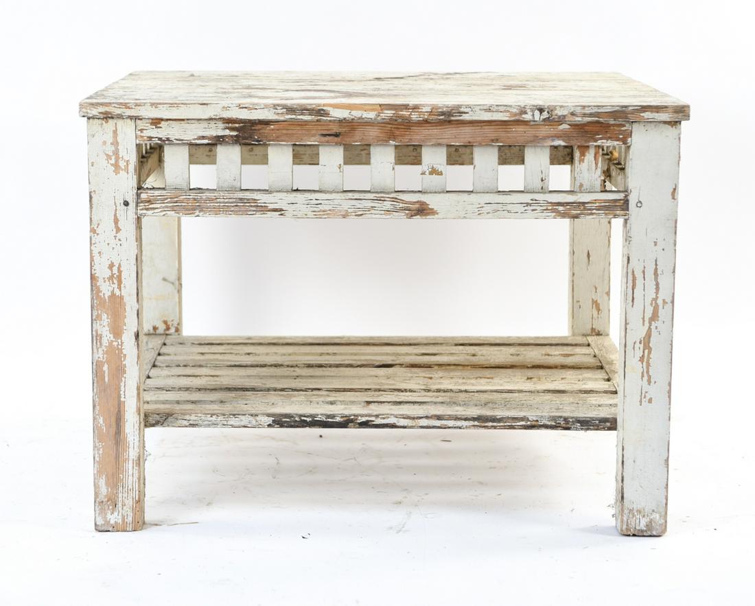 ROBERT MALLET STEVENS TABLE: Dimensions: H 26.25" x W 35.5" x D 29.25" Condition: Paint loss and wear throughout consistent with outdoor exposure. Some separation between boards on top. Provenance: Sotheby's Paris.