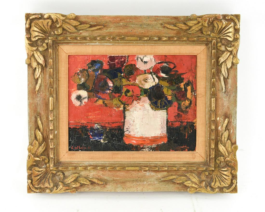 BERNARD CATHELIN, FRENCH (1919 - 2004) OIL 1958: Oil on canvas still life signed and dated 58 lower left. Dimensions: (Frame) H 18.25" x W 21.5" (Sight) H 10" x W 13.25" Condition: Some thin cracking in the blacks. Liner age toned, frame with some m