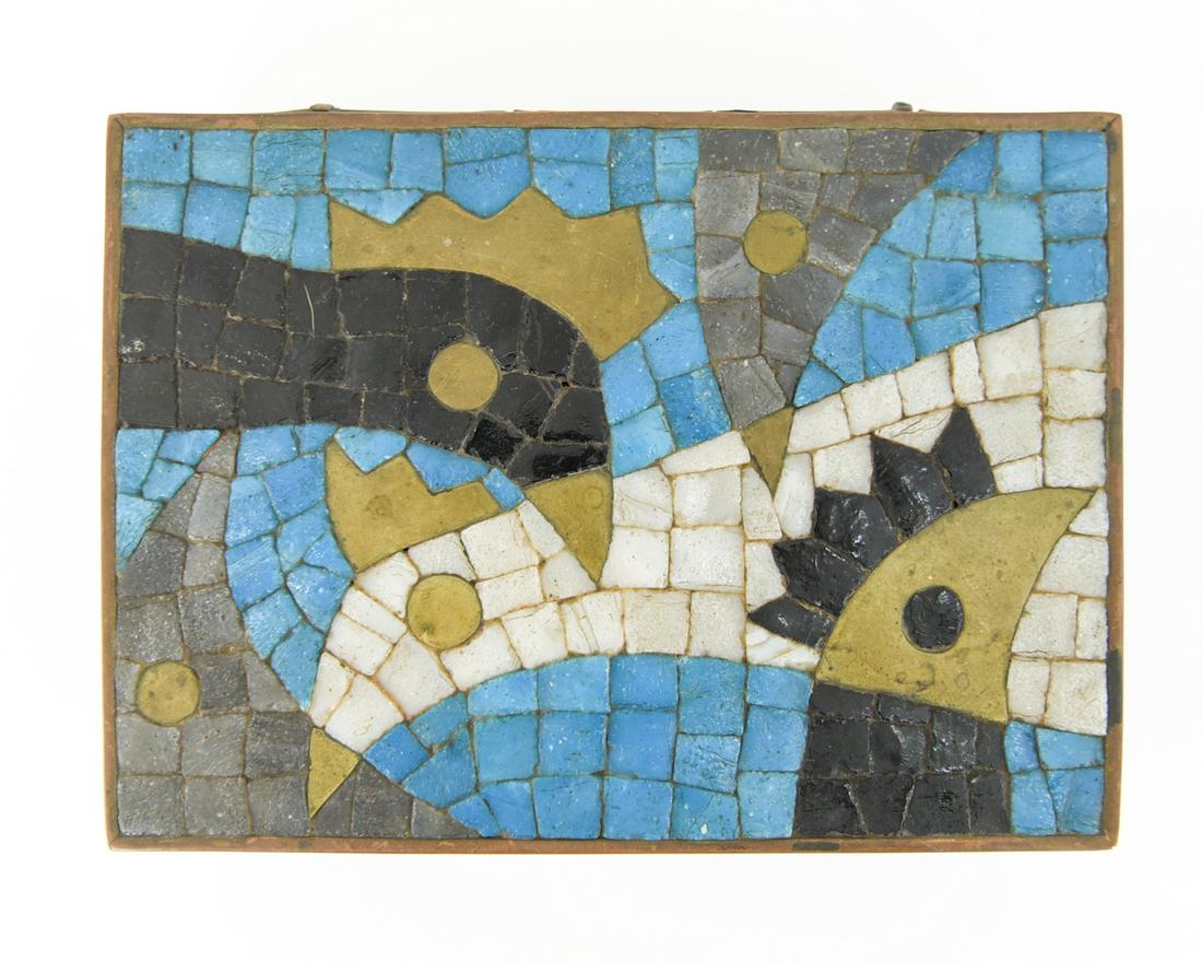 SALVADOR TERON MEXICAN MOSAIC BOX: With maker's mark underneath. Dedication from 1961 to interior of lid. Mosaic tile art of Roosters. Dimensions: H 1.25" x W 8.25" x D 6" Condition: Signs of age and use including some tarnish, surface