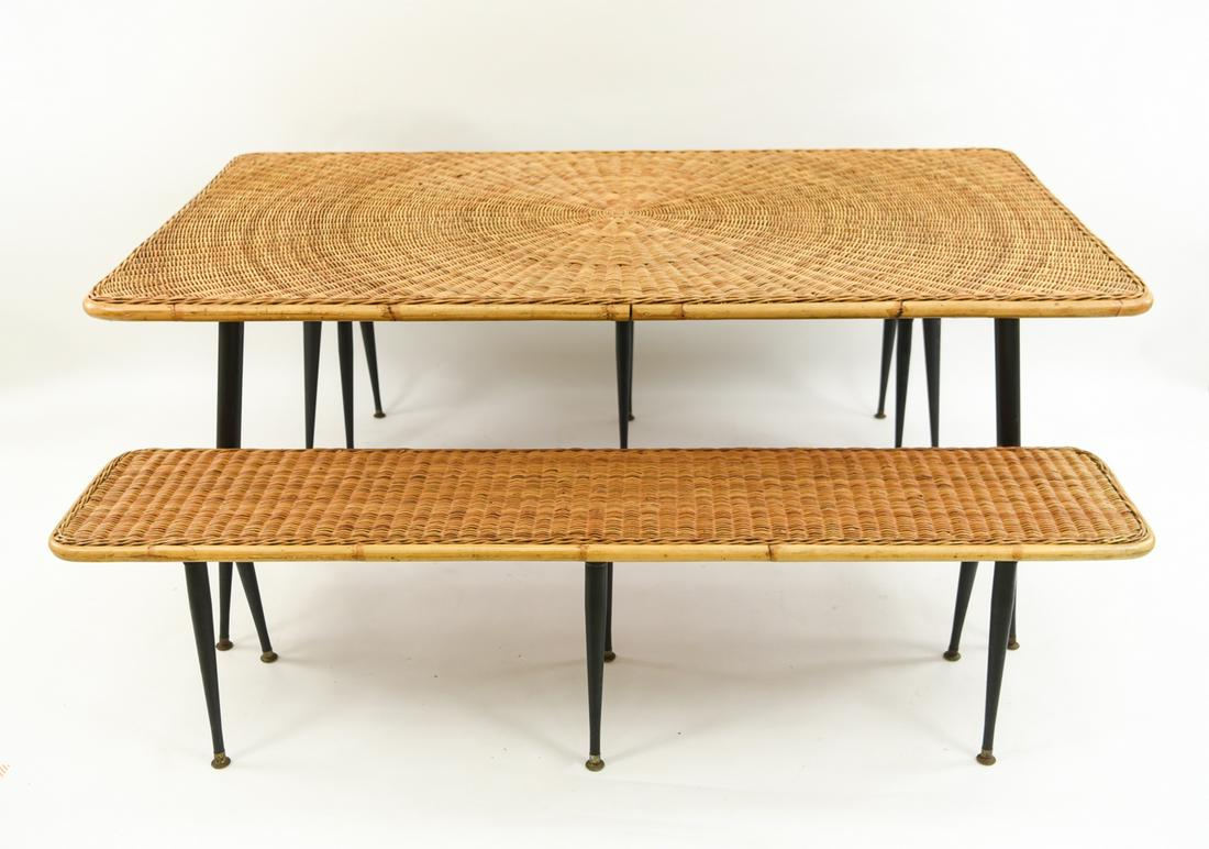 CALIF-ASIA WICKER AND IRON DINING SUITE: Marked under benches and table. Dimensions: H 26.5" x W 61" x D 35" Condition: Showing overall light wear consistent with age and use. Paint finish wear to legs.