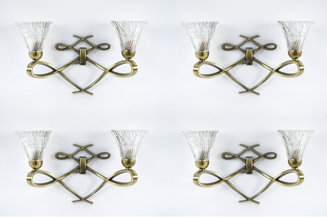 (4) MID-CENTURY FRENCH BRASS LELEU STYLE SCONCES: Dimensions: H 7.5" x W 12.75" x D 3.75" Condition: Patina and surface scratches to finish. shades used for example only, these usually take marble or paper shades nicely. Shades in photos not included