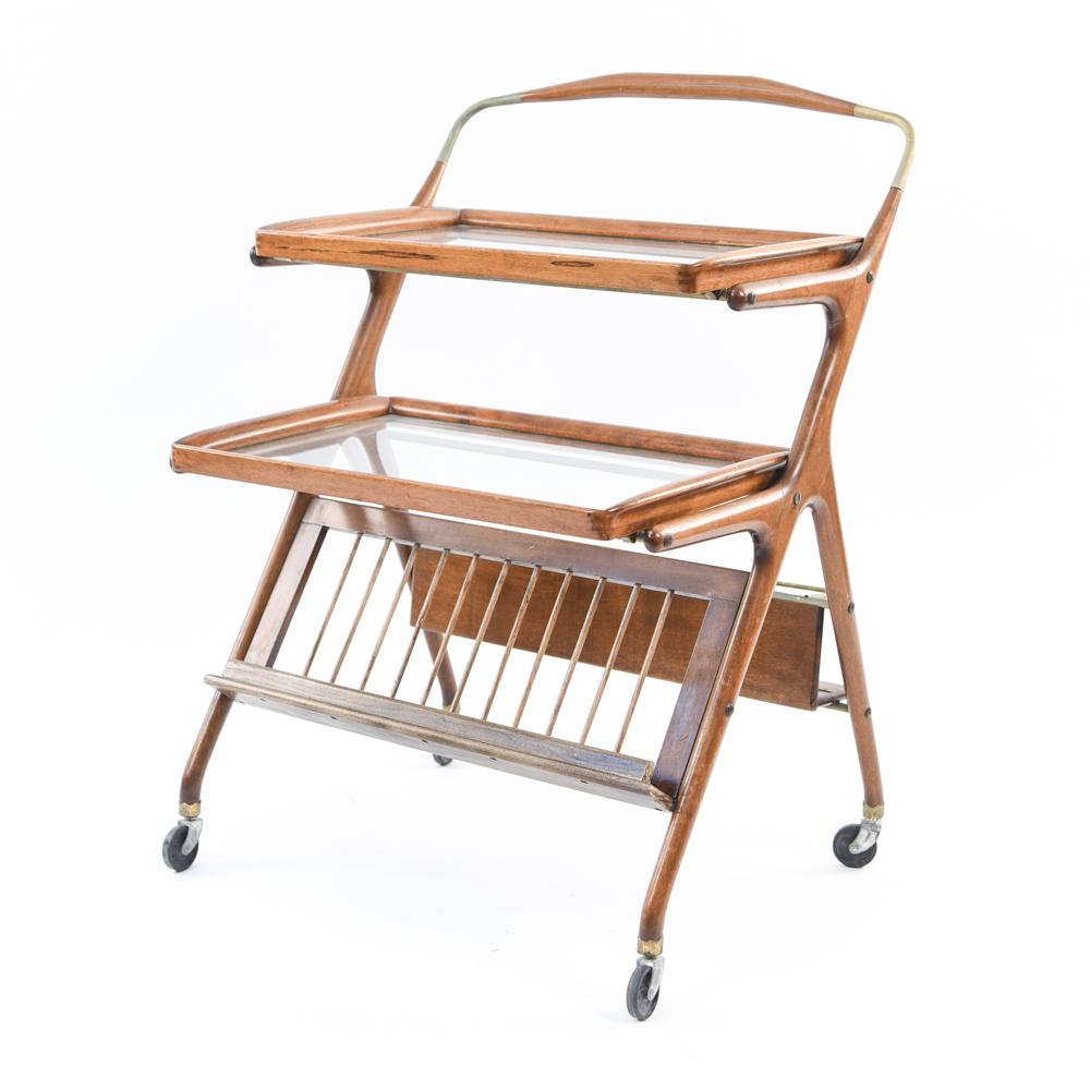 CESARE LACCA BAR CART: Dimensions: H 33.75" x W 24.25" x D 22.5" Condition: Minor surface wear, scratches to glass.