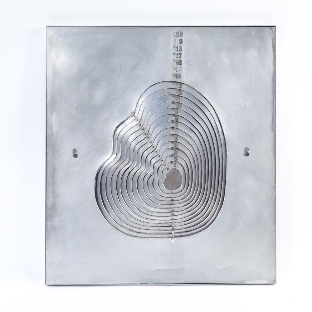 BARBARA PNIEWSKA STEEL & ALUMINUM SCULPTURE: Old label verso. Dimensions: H 36.25" x W 32.25" Condition: Surface scratches, scuffs, nicks, dings. Some bending to metal.