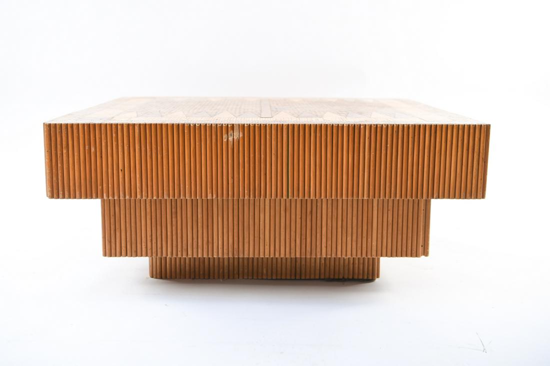 MANNER OF GABRIELLA CRESPI GAMES TABLE: Dimensions: H 17" x W 40" x D 40" Condition: Overall wear consistent with age and use. Some losses to wood. Marks to surface. Finish loss.