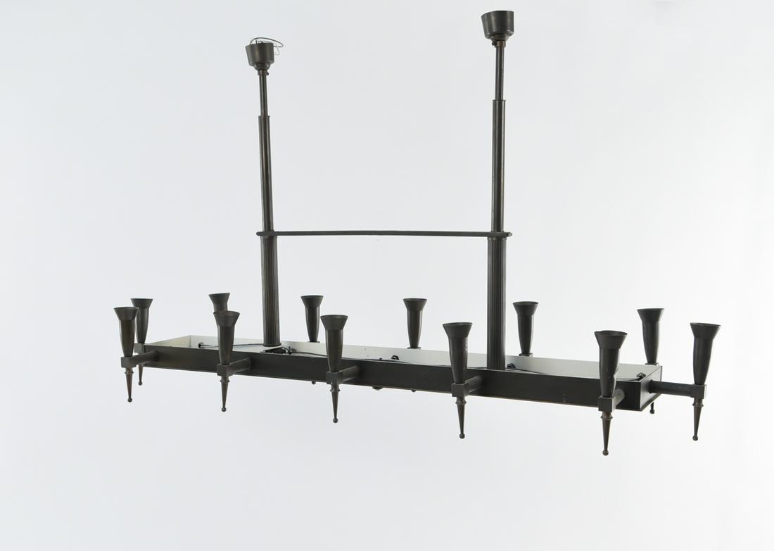 ARLUS BRONZE CHANDELIER: Dimensions: H 25.5" x W 44.5" x D 13" Condition: Not tested, may be in need of rewiring. Few small dents, scuffs, marks to surface.