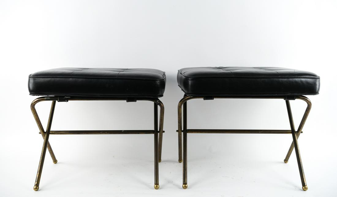 PAIR OF JACQUES ADNET FOLDING STOOLS: Dimensions: H 20.5" x W 24" x D 20" Condition: Pitting to bases. Scuffs and scratches to cushions. Wear consistent with age and use.