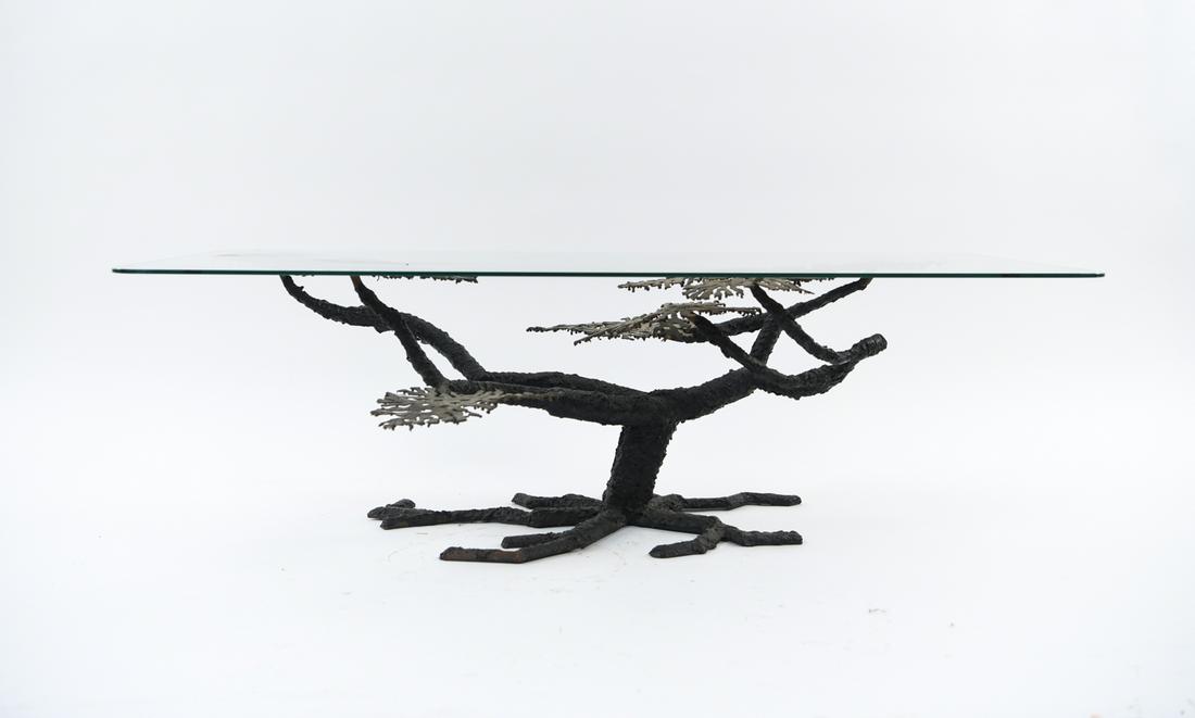 MANNER OF SILAS SEANDEL BRUTALIST COFFEE TABLE: Dimensions: H 15.75" x W 47" x D 27.75" Condition: Surface scratches to glass. Normal brutalist wear to base including rust.