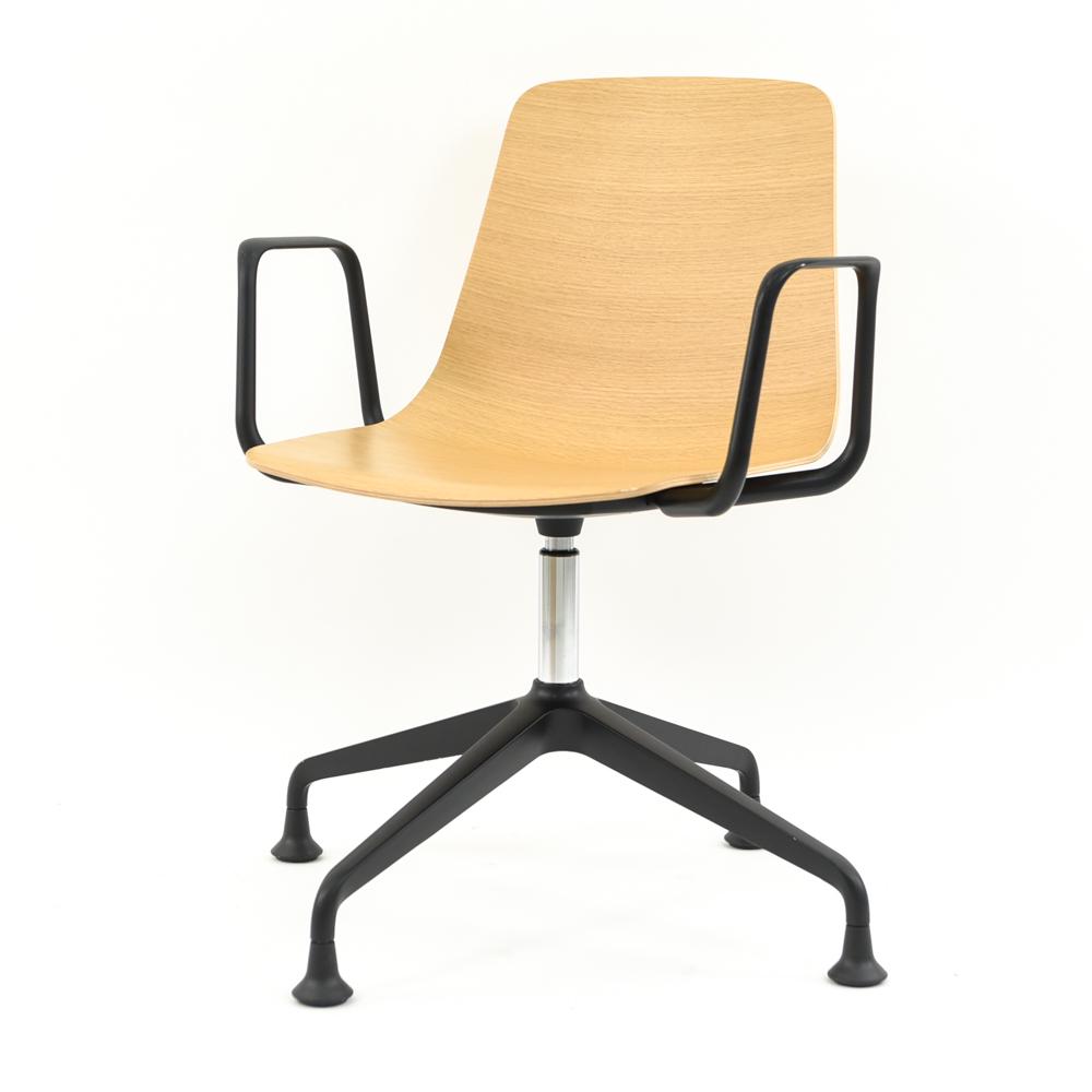 HANNES WETTSTEIN FOR DIETIKER SWIVEL CHAIR: Dimensions: H 32.5" x W 24" x D 18.5" x SH 18" Condition: Showing light signs of use including a few small nicks to base paint finish. Couple small chips to front side edge of seat veneer.