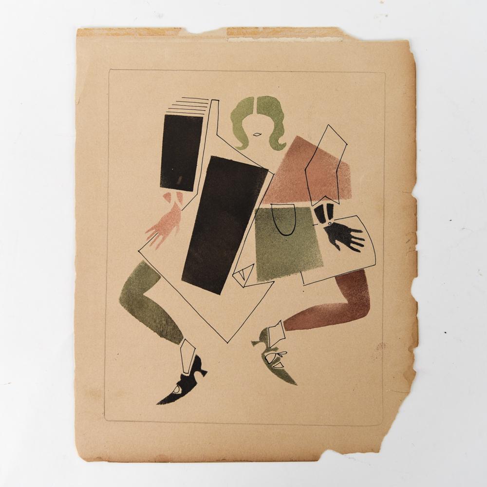 VLADIMIR LEBEDEV (RUSSIAN, 1910-1991): Ink and watercolor on old Russian map. Dimensions: H 11" x W 8.5" Condition: toning to edges, rips to bottom edge.