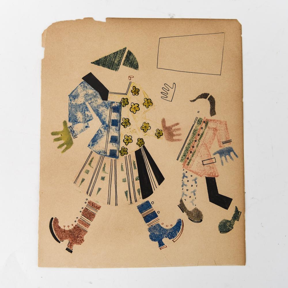 VLADIMIR LEBEDEV (RUSSIAN, 1910-1991): Ink and watercolor on old Russian map. Dimensions: H 10.5" x W 8.75" Condition: toning to edges, the at bottom center edge.