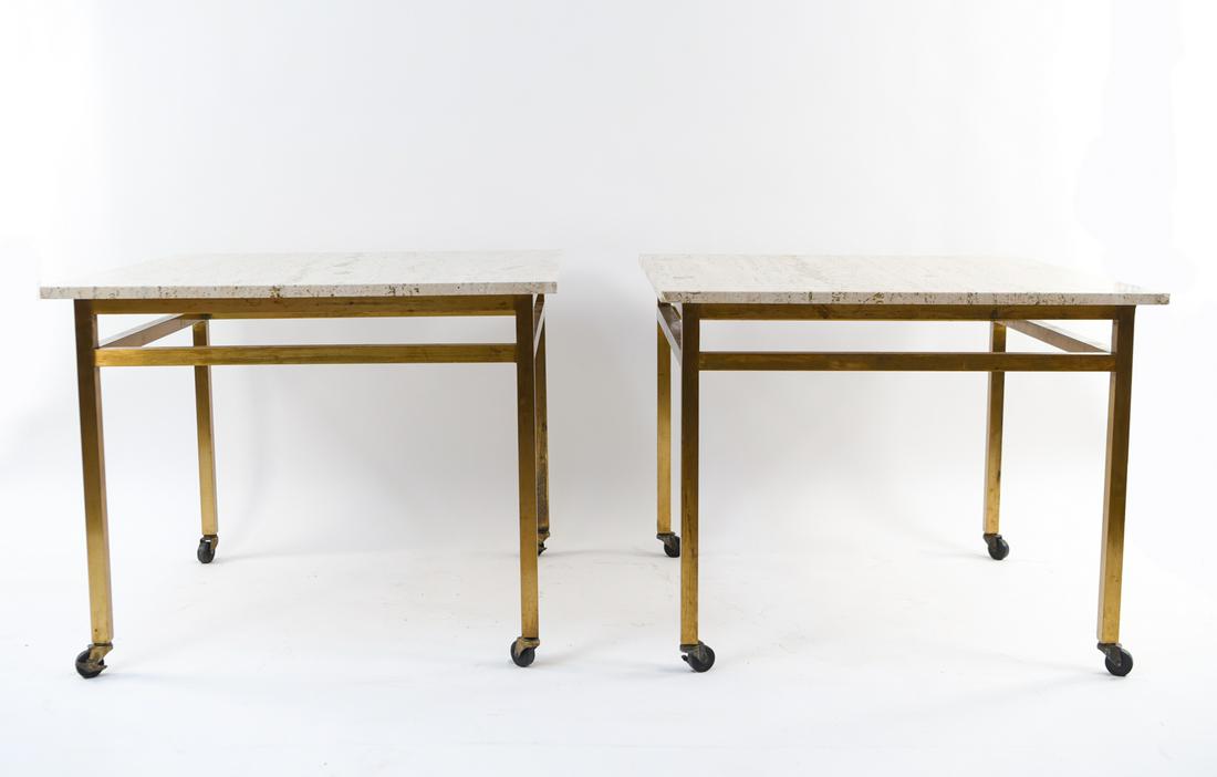 PAIR OF PAUL MCCOBB STYLE LARGE SCALE BRASS TABLES: With travertine tops. (TOPS HAVE MANY REPAIRS TO MARBLE, THIS THESE BASES WOULD ALSO LOOK GREAT WITH GLASS) Dimensions: H 29" x W 36" x D 36" Condition: Repairs, cracks, and chips to travertine tops.