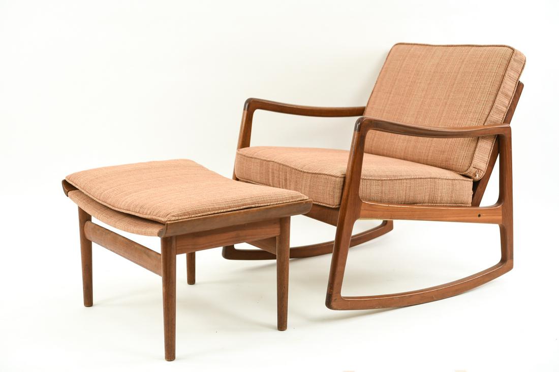 JOHN STUART ROCKING CHAIR & OTTOMAN: Mid-Century Danish rocking chair, Ole Wanscher for France & Sons, retailed by John Stuart, one owner. Teak with removable cushions. Marked with tags. Dimensions: H 29.5" x W 26.5" x D 28.5" x SH 16" C