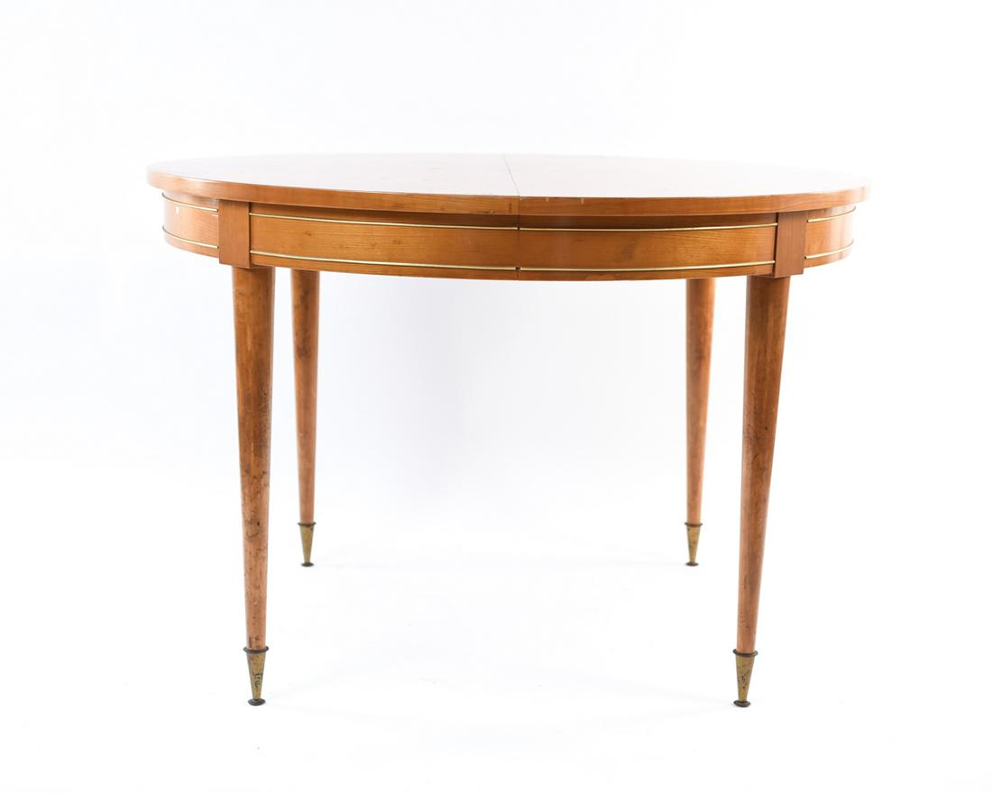 FRENCH DINING TABLE: Dimensions: H 29" x Dia. 43" Condition: Some white marks to surface. Scuffs, scratches, and marks. Overall wear consistent with age and use. Few small losses to veneer.
