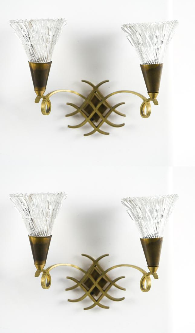 PAIR OF LELEU STYLE SCONCES: Dimensions: H 7" x W 10" x D 5" Condition: Patina and surface scratches to finish. Shades not included and are just an example, often this sconce will take a paper or alabaster shade
