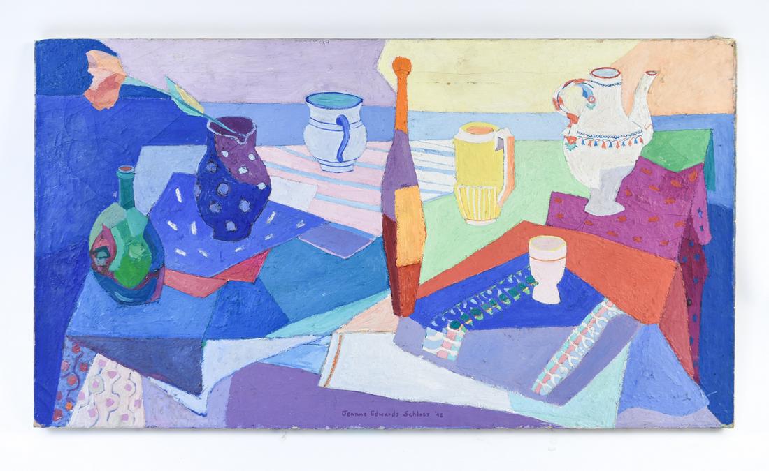MODERNIST TABLE TOP STILL LIFE, SIGNED 1943: Colorful modernist cubist composition. Thickly painted. Signed Jeanne Edwards Schloss. Dated '43. Dimensions: H 20" x W 36" Condition: A few surface rubs.