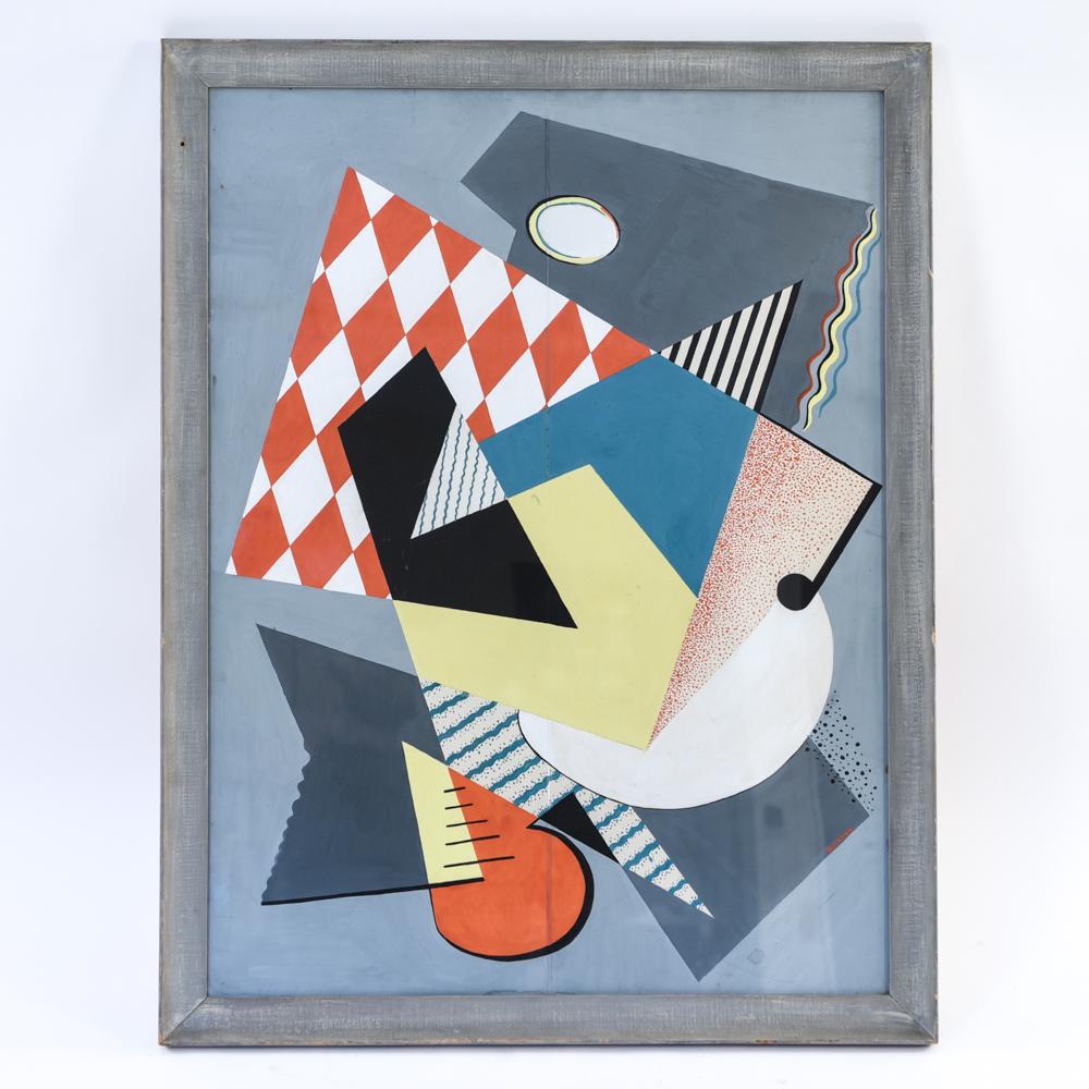 LARGE 1940'S CUBIST GOUACHE ABSTRACT 40" X 30": Gouache on board, signed lower right. Dimensions: (Frame) H 43.75' x W 33.75" (Sight) H 40" x W 30" Condition: some surface scuffs, age wear. Drip down center.