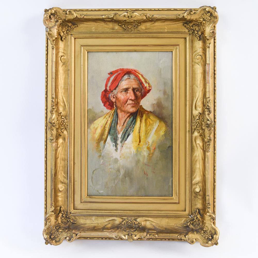 GIUSEPPE GIARDELLO, ITALIAN (1877 - 1920): Oil on canvas of Neapolitan woman. Signed lower right. Dimensions: (Frame) H 18" x W 13.25" (Painting) 12" x 7.5" Condition: Painting good, frame with losses.
