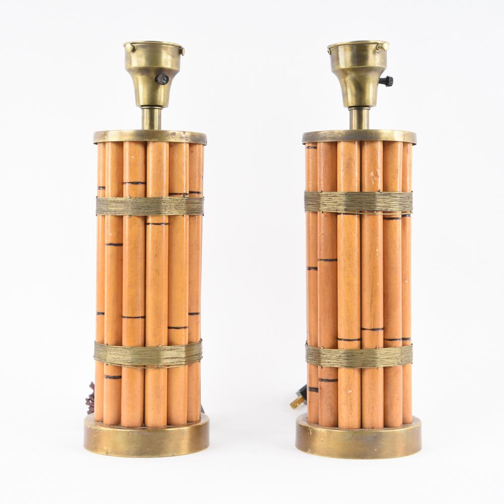 PAIR OF RUSSEL WRIGHT BAMBOO & BRASS TABLE LAMPS: Dimensions: H 18" x Dia. 5" Condition: Some scuffs and surface wear.