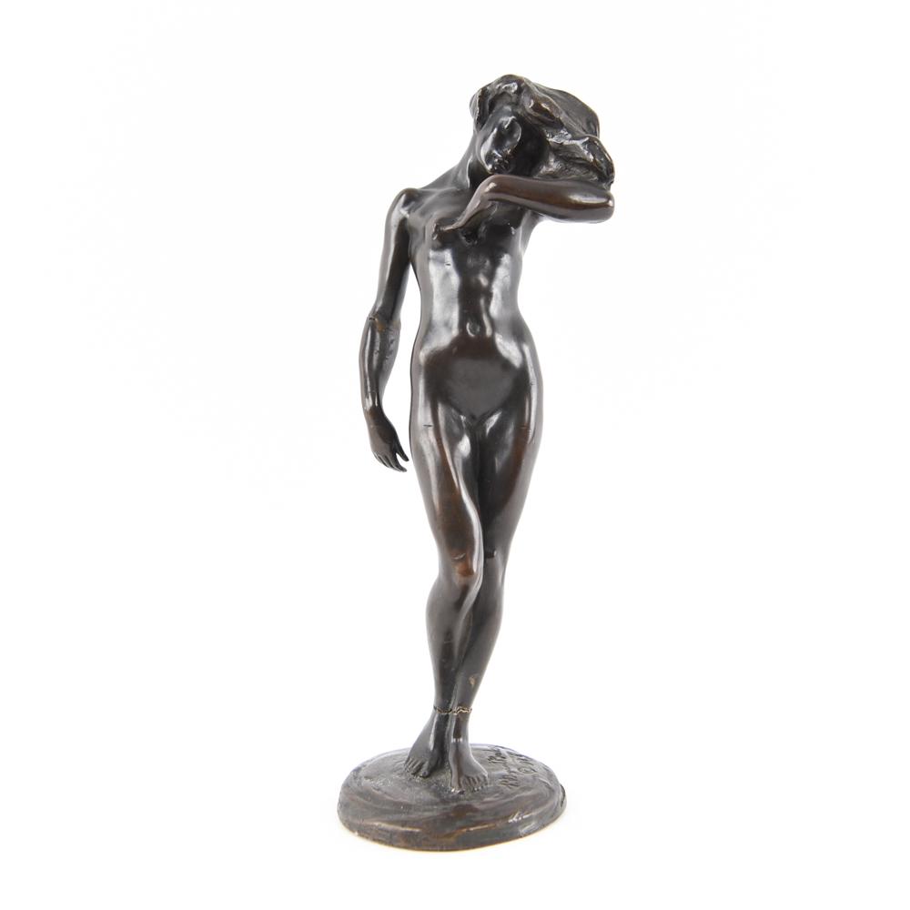 PERCY BRYANT BAKER (1881 - 1971) BRONZE 1924: "Woman Nude With Hand to Heart." Bronze sculpture signed and dated. Dimensions: H 11.5" x W 4" x D 4" Condition: Breaks at elbow and ankles.