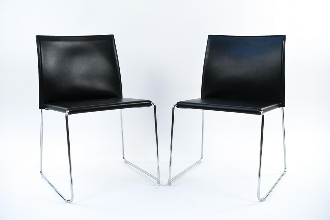(2) FRANCO BIZZOZERO FOR ENRICO PELLIZZONI CHAIRS: Black. Tagged on back and bottom: Enrico Pellizzoni, Made in Italy. Model: Bizzy Chair. Dimensions: H 31.5" x W 18.5" x D 18.5" x SH 18" Condition: Minor surface scuffs and soiling to leather.