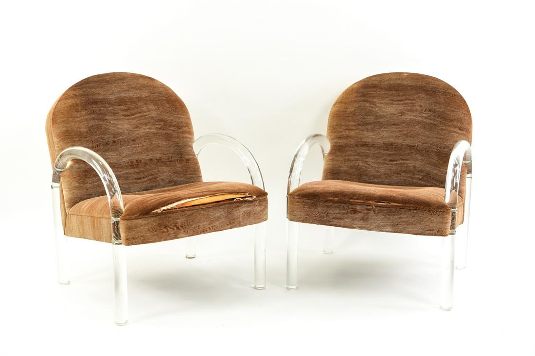 PAIR OF PACE COLLECTION LUCITE ARM CHAIRS: Pace Collection tag underneath. Dimensions: H 32" x W 25" x D 27" x SH 17" Condition: Couple rubs to lucite. Wear to upholstery including seam separation at front of seat cushions.