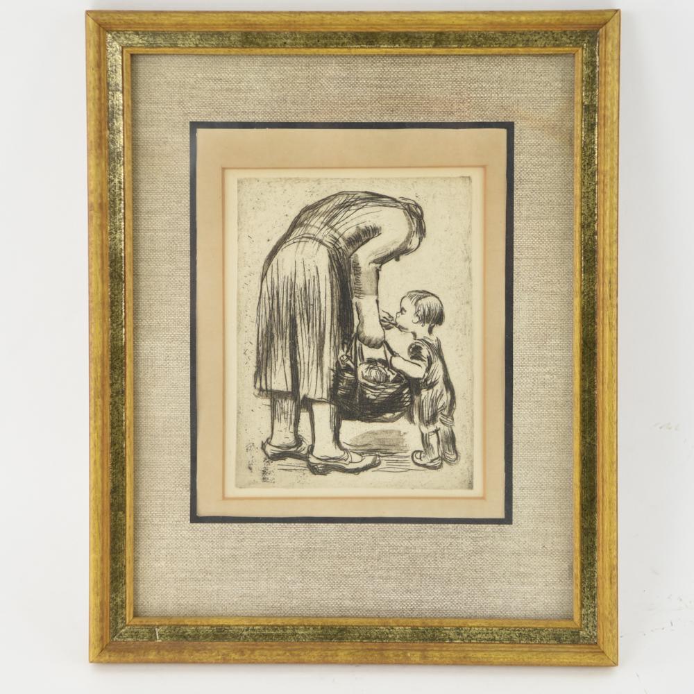 KATHE KOLLWITZ RESRIKE DRYPOINT ETCHING: Vintage restrike of Kathe Kollwitz.drypoint etching. Dimensions: (Frame) H 15.5" x W 12.5" (Sight) H 8" x 6" Condition: Some light toning to paper. Mat toned.