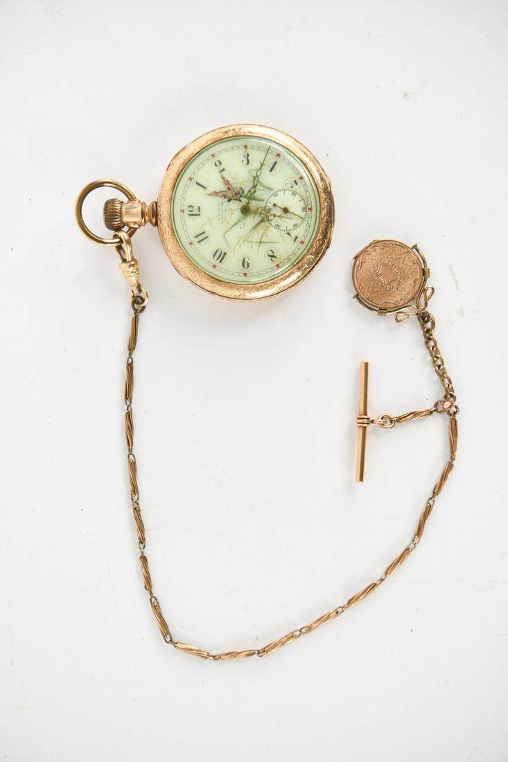 WALTHAM GF POCKETWATCH: Face marked A. W. W Co. Watham, case marked CWC Co 362892. Movement marked AWW Co Waltham Ma, Royal and numbered 4871637. With gold filled pocket watch chain and fob Dimensions: 52mm Condition: light 