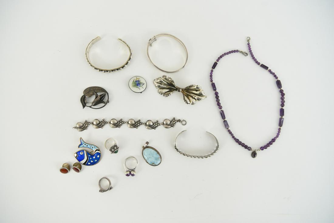 GROUPING OF JEWELRY INCL. SILVER: Including a David Andersen enamel fish pendant, a Joan Polsdorfer for Georg Jensen flower brooch, a Gerog Jensen style bracelet (hallmarked sterling only),a pair of Swedish sterling and enamel cufflin