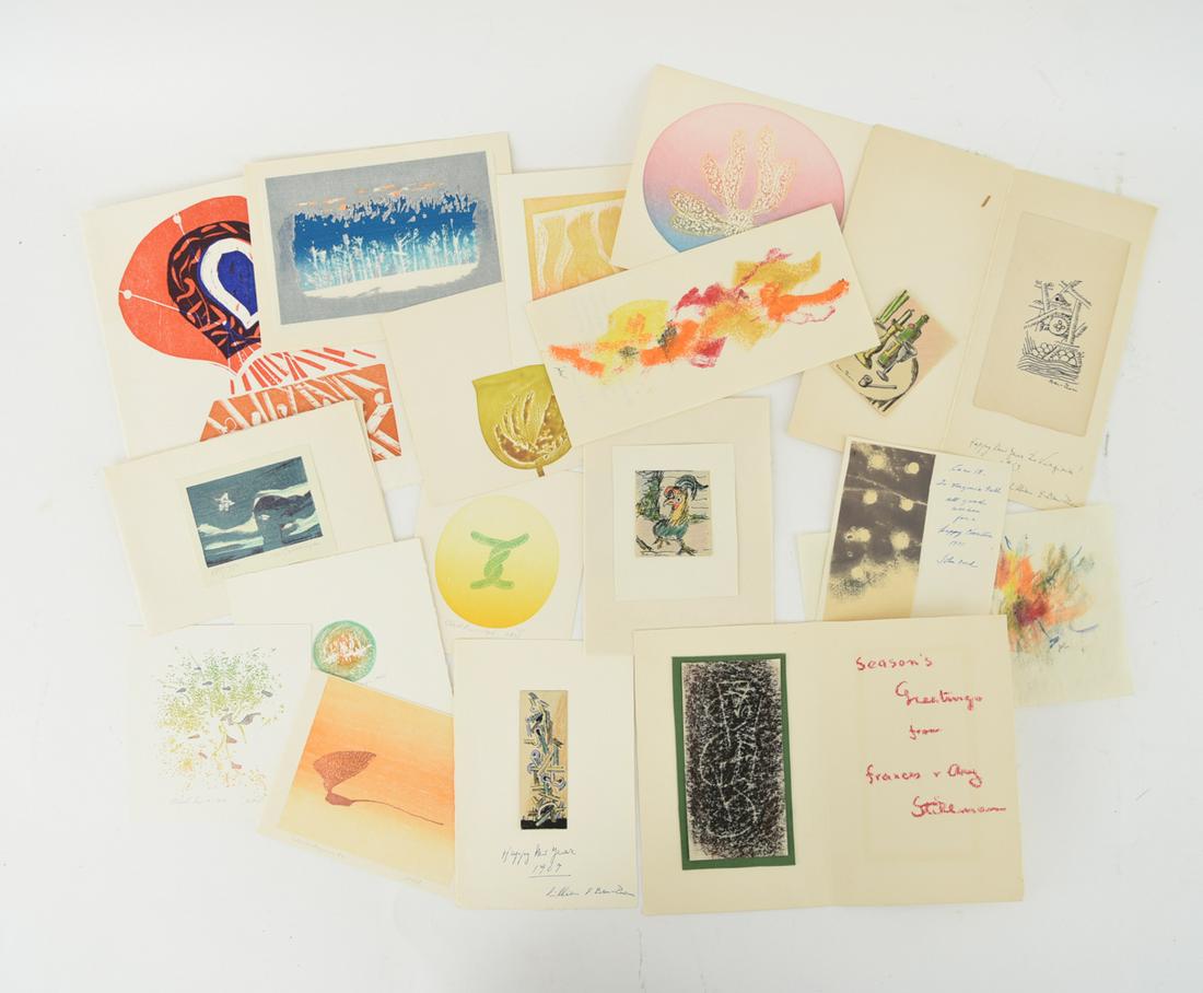 (18) GROUP ARTIST SIGNED CARD PRINTS & ORIGINALS: Including cards, drawings, and prints... 4 ink and watercolors by Ben-Zion, 4 pastels etc by John Ford, 7 cards with prints by Childs, 2 cards with prints by Japanese artists. Dimensions: (Largest) H