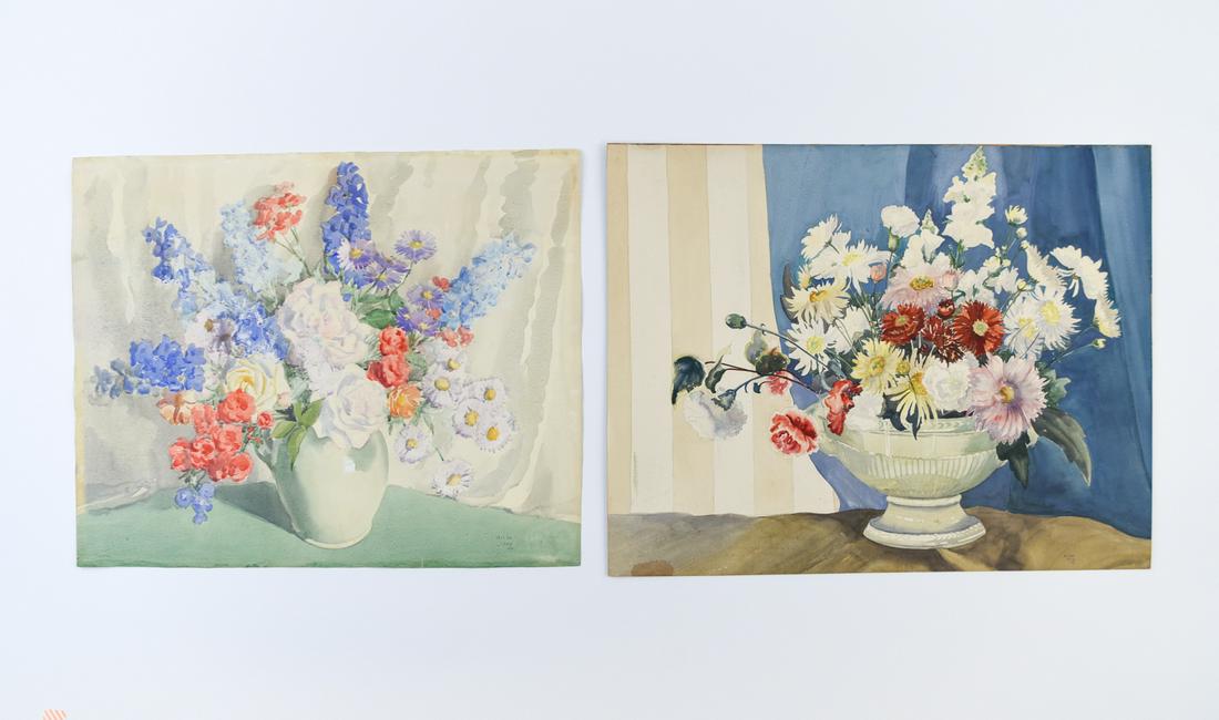 (2) HILDA LEVY, CA (B1909) WATERCOLOR STILL LIVES: Both pencil signed and dated '43 and '44. Dimensions: (Largest) H 21.75" x W 28" Condition: Larger laid on board. Other double sided.