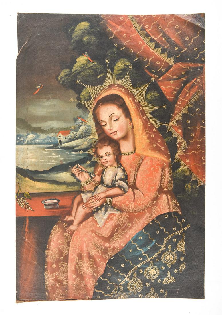 SPANISH COLONIAL MADONNA AND CHILD O / C: Unsigned, off of stretcher. With gold pigment details. Dimensions: H 23" x W 15" Condition: Overlap removed. Some wrinkling, small pin holes.
