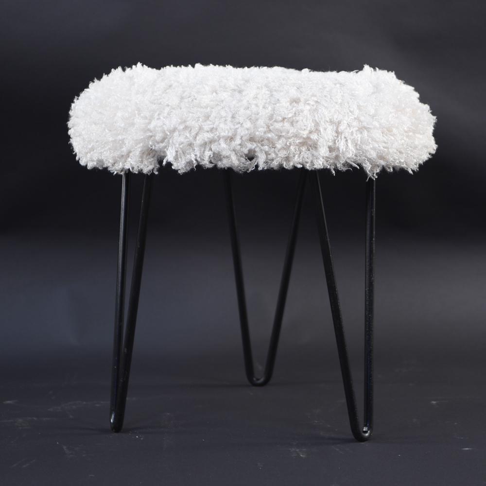 FRENCH HAIRPIN LEG STOOL: Dimensions: H 18.5" x Dia. 19" Condition: Overall light wear consistent with age and use. Upholstery may need light cleaning.