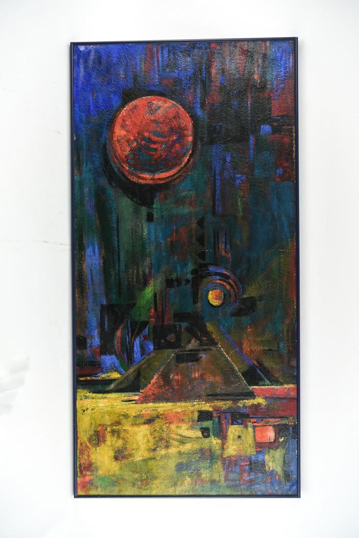 MID-CENTURY ABSTRACT FUTURIST PAINTING: Acrylic or oil on cardboard, apparently unsigned. Dimensions: H 48" x W 23.75" Condition: Small loss at top left corner, small signs of age