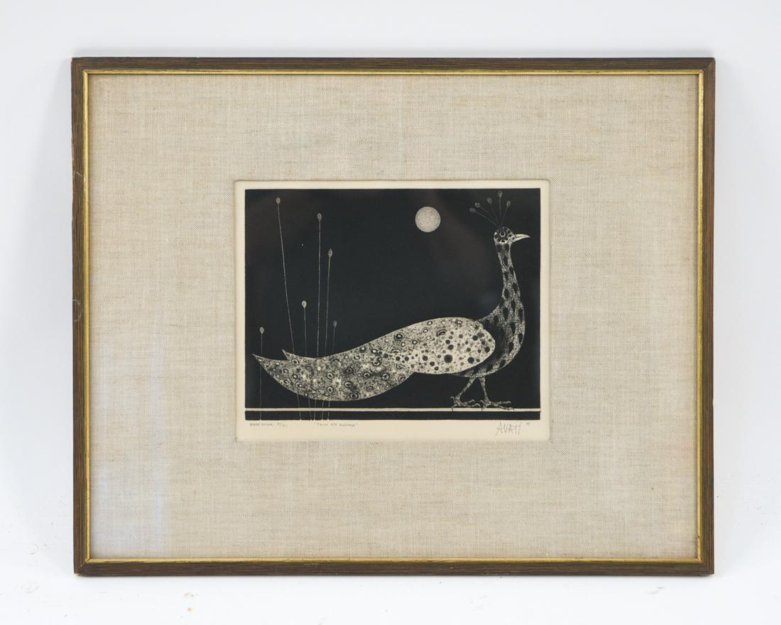 MARIO AVATI, FRENCH (1921 - 2009) MEZZOTINT: Mezzotint in black. Signed and dated 59. Titled "Paon oux Rouseaux." Numbered X / XI Dimensions: (Frame) H 19" x W 23.25" (Sight) H 9.5" x W 11.5" Condition: No issues to note.